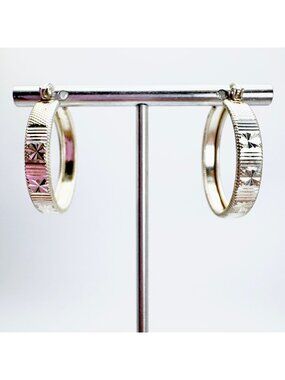 Etched Texture Hoop Earrings Hinged Posts Sterling Silver 925 Size 1" Diameter